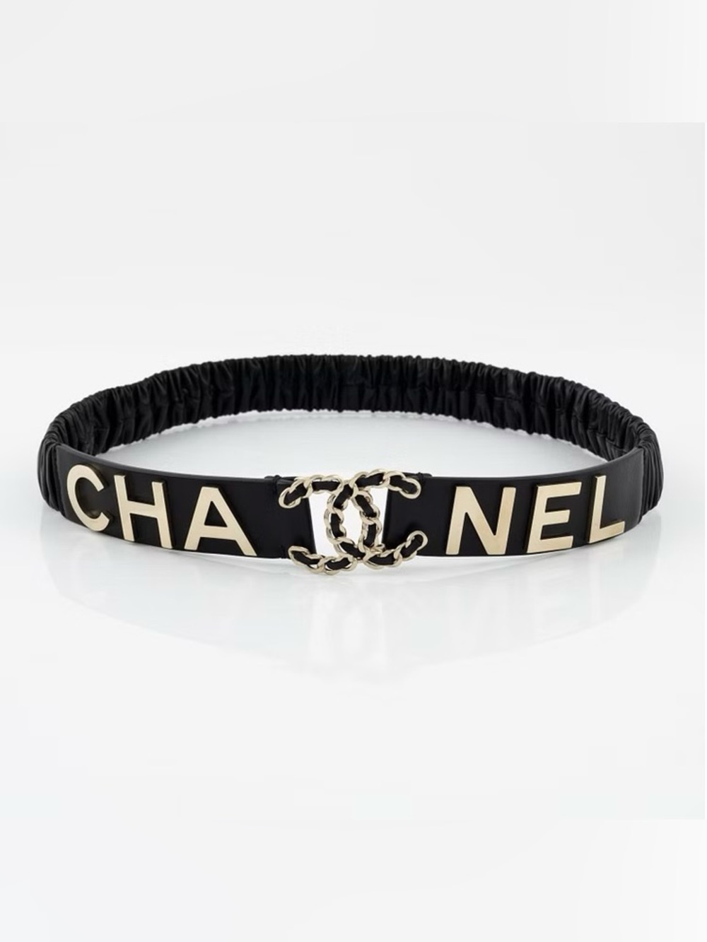ChaneI Black and Gold Belt Interlocking CC Spell-out Ruched STRETCH